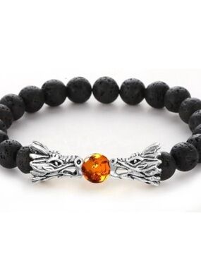 #1957**Unisex’s Black Lava Bead Bracelet with Amber Accent and Dragon Heads